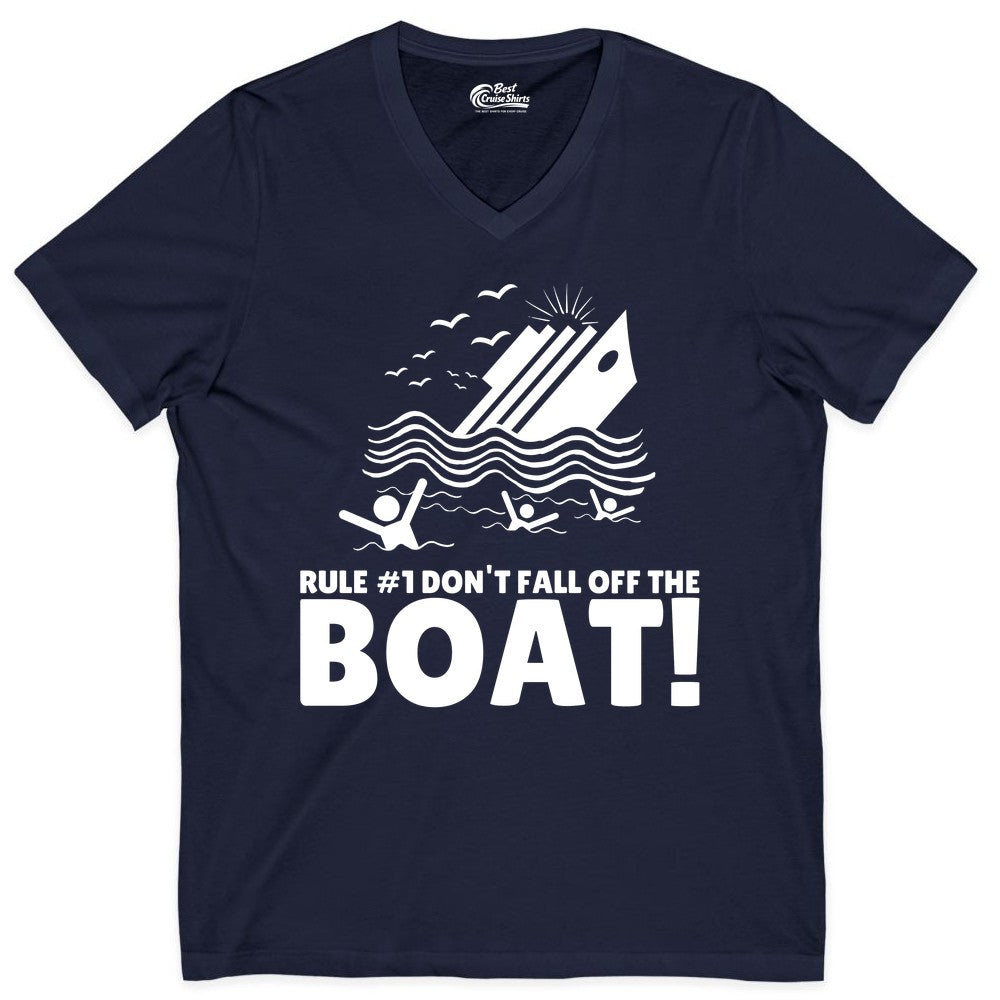 Funny Cruise Shirt - Humorous Sinking Ship Nautical Joke Tee (V-Neck) in Navy - Funny Cruise Ship Safety Warning Sinking Boat Cartoon Shirt