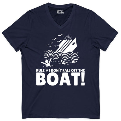 Funny Cruise Shirt - Humorous Sinking Ship Nautical Joke Tee (V-Neck) in Navy - Funny Cruise Ship Safety Warning Sinking Boat Cartoon Shirt