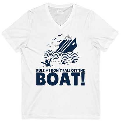 Funny Cruise Shirt - Humorous Sinking Ship Nautical Joke Tee (V-Neck) in White - Funny Cruise Ship Safety Warning Sinking Boat Cartoon Shirt