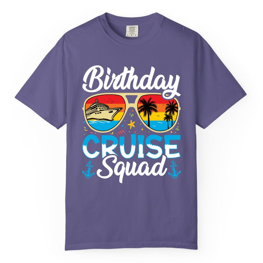 Birthday Cruise Shirt - Retro Cruise Squad Birthday Trip Apparel (Comfort Color) in Grape - Birthday Cruise Squad Retro Sunglasses Tropical Group Shirt