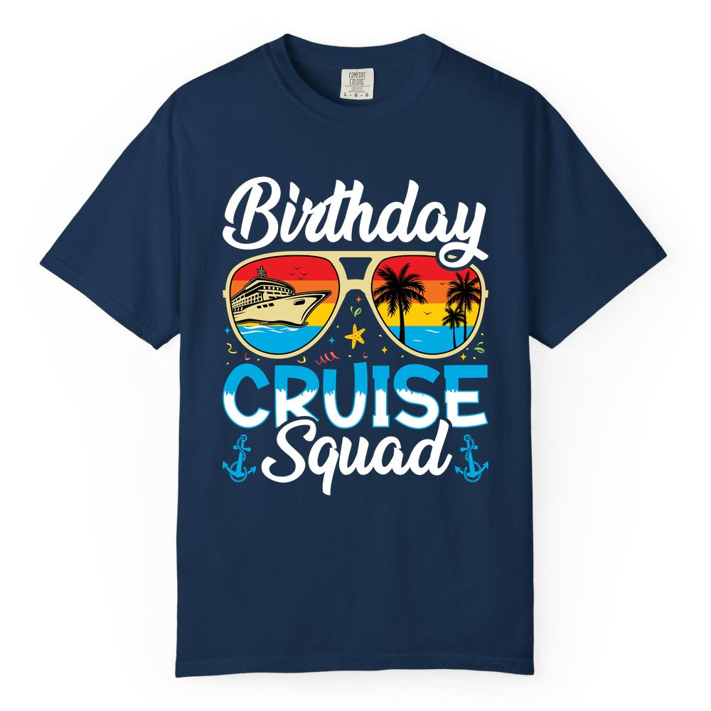 Birthday Cruise Shirt - Retro Cruise Squad Birthday Trip Apparel (Comfort Color) in Navy - Birthday Cruise Squad Retro Sunglasses Tropical Group Shirt