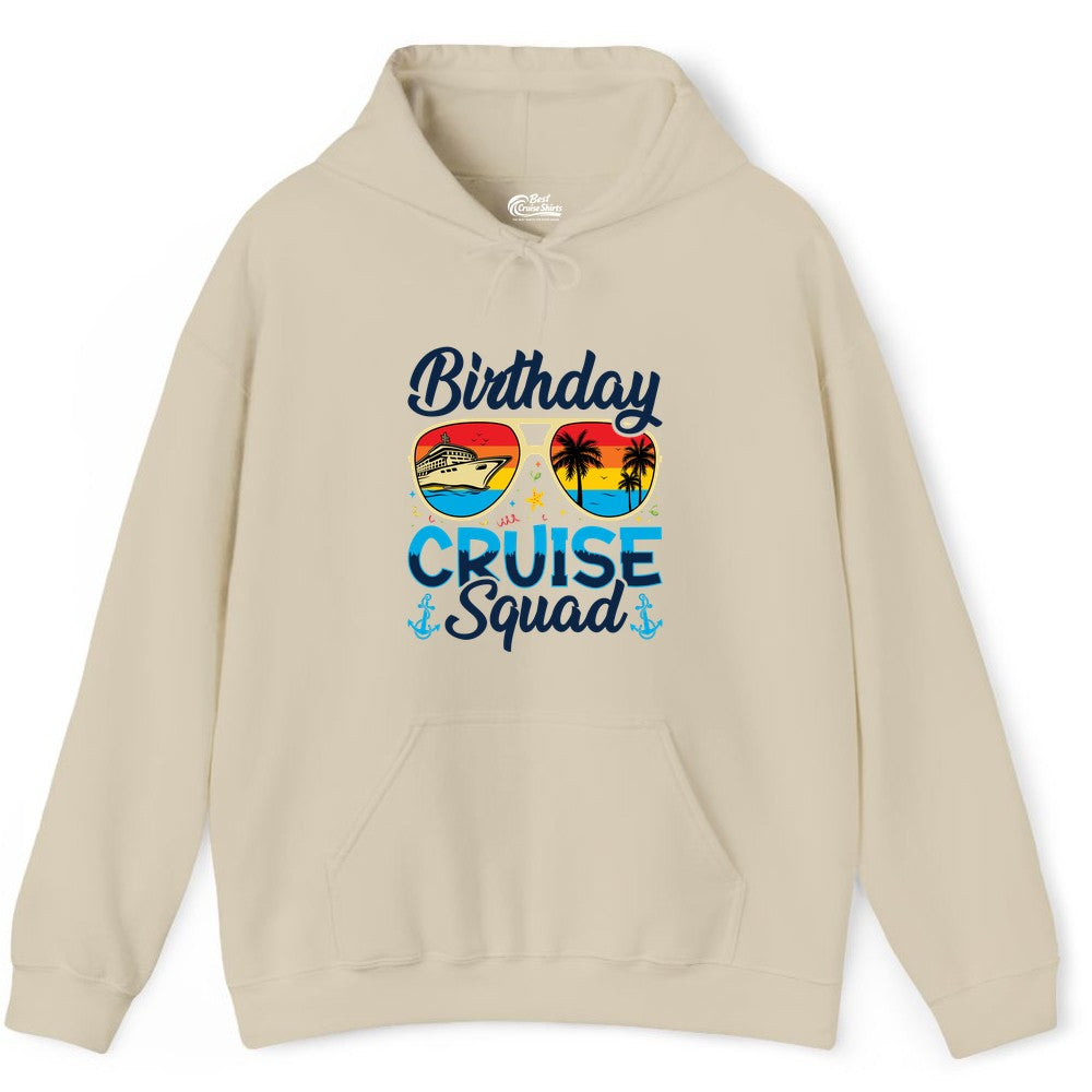 Birthday Cruise Shirt - Retro Cruise Squad Birthday Trip Apparel (Hoodie) in Sand - Birthday Cruise Squad Retro Sunglasses Tropical Group Shirt