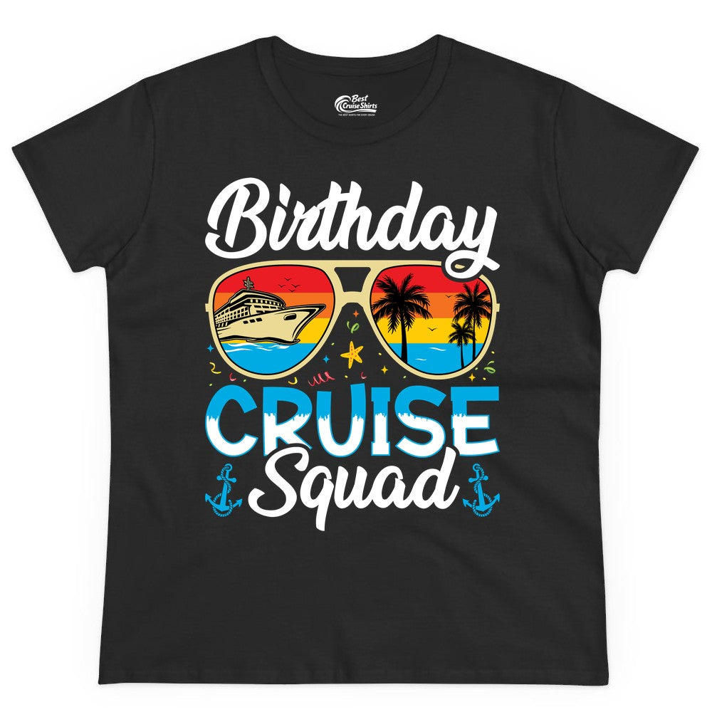Birthday Cruise Shirt - Retro Cruise Squad Birthday Trip Apparel (Ladies Tee) in Black - Birthday Cruise Squad Retro Sunglasses Tropical Group Shirt