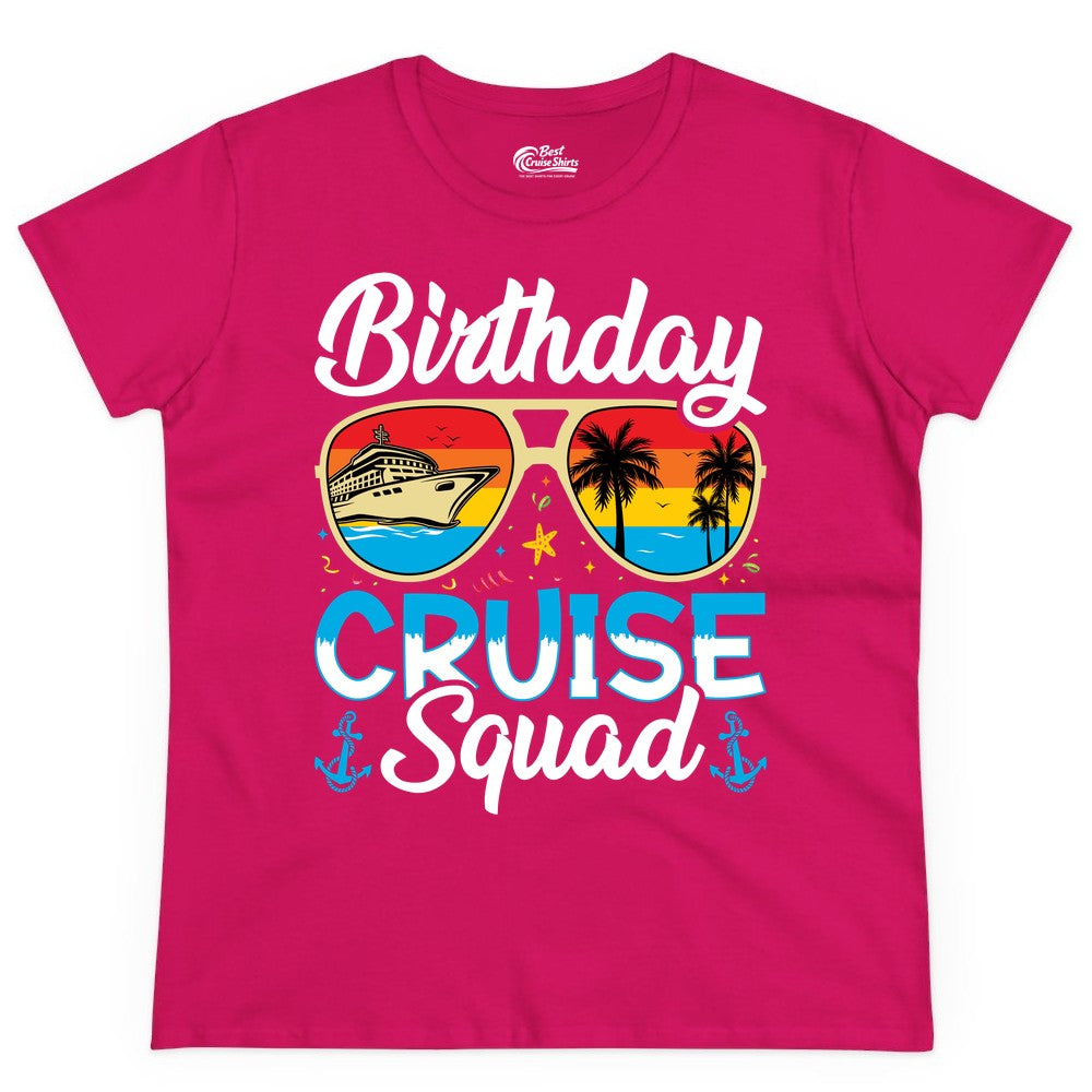Birthday Cruise Shirt - Retro Cruise Squad Birthday Trip Apparel (Ladies Tee) in Heliconia - Birthday Cruise Squad Retro Sunglasses Tropical Group Shirt