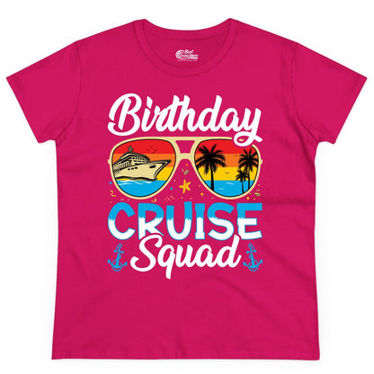 Birthday Cruise Shirt - Retro Cruise Squad Birthday Trip Apparel (Ladies Tee) in Heliconia - Birthday Cruise Squad Retro Sunglasses Tropical Group Shirt