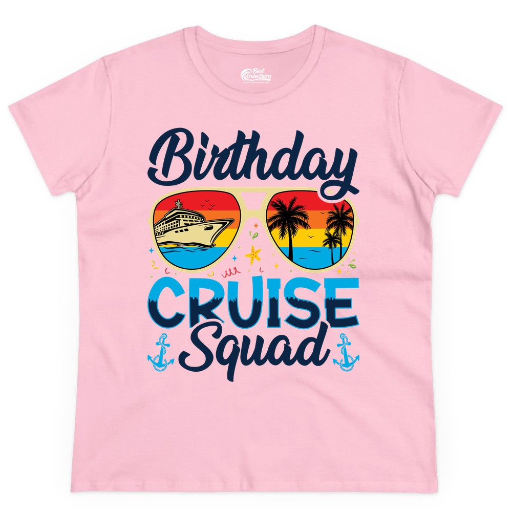 Birthday Cruise Shirt - Retro Cruise Squad Birthday Trip Apparel (Ladies Tee) in Light Pink - Birthday Cruise Squad Retro Sunglasses Tropical Group Shirt
