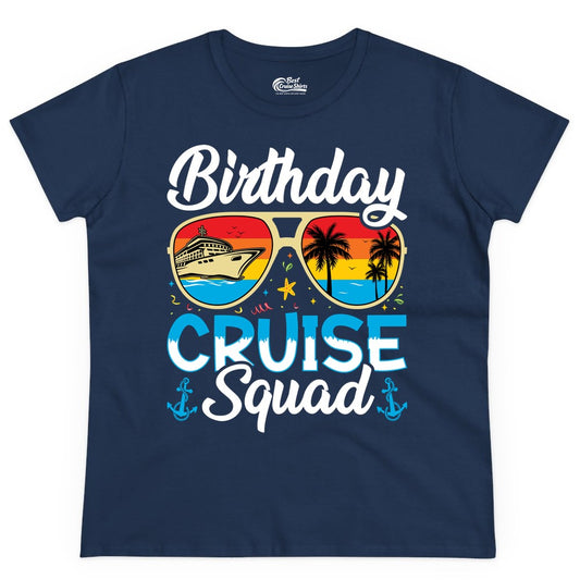 Birthday Cruise Shirt - Retro Cruise Squad Birthday Trip Apparel (Ladies Tee) in Navy - Birthday Cruise Squad Retro Sunglasses Tropical Group Shirt