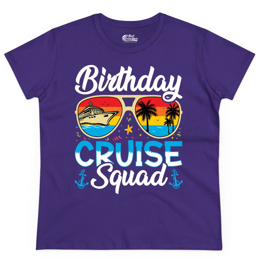 Birthday Cruise Shirt - Retro Cruise Squad Birthday Trip Apparel (Ladies Tee) in Purple - Birthday Cruise Squad Retro Sunglasses Tropical Group Shirt