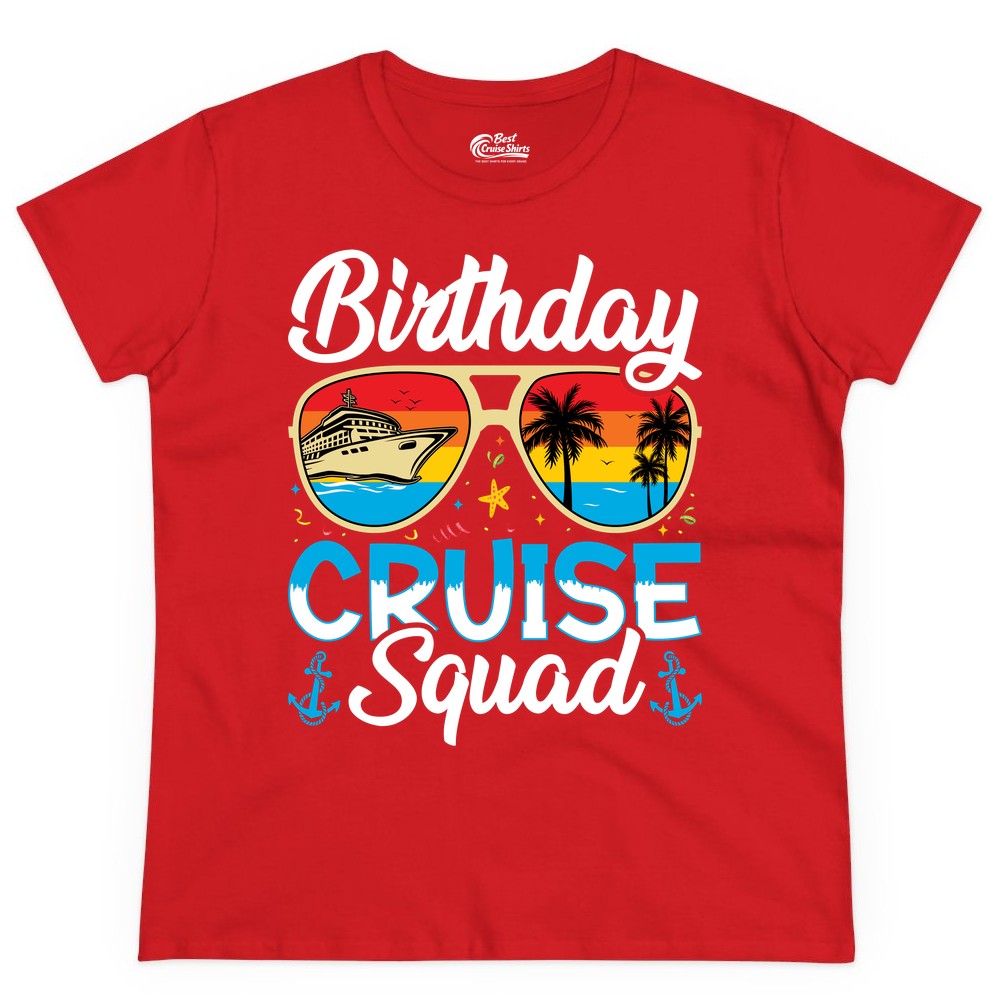 Birthday Cruise Shirt - Retro Cruise Squad Birthday Trip Apparel (Ladies Tee) in Red - Birthday Cruise Squad Retro Sunglasses Tropical Group Shirt