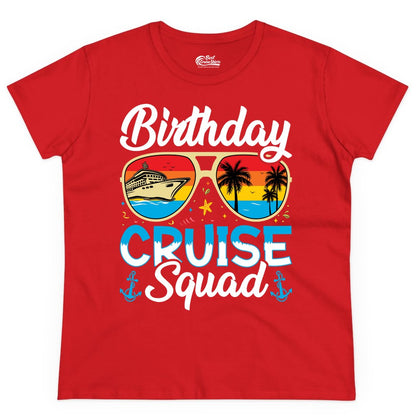 Birthday Cruise Shirt - Retro Cruise Squad Birthday Trip Apparel (Ladies Tee) in Red - Birthday Cruise Squad Retro Sunglasses Tropical Group Shirt