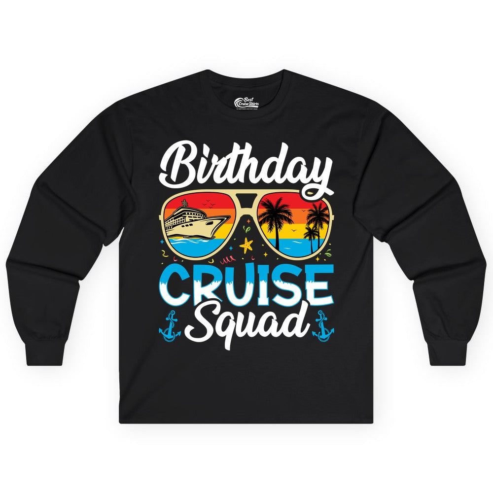 Birthday Cruise Shirt - Retro Cruise Squad Birthday Trip Apparel (Long Sleeve) in Black - Birthday Cruise Squad Retro Sunglasses Tropical Group Shirt