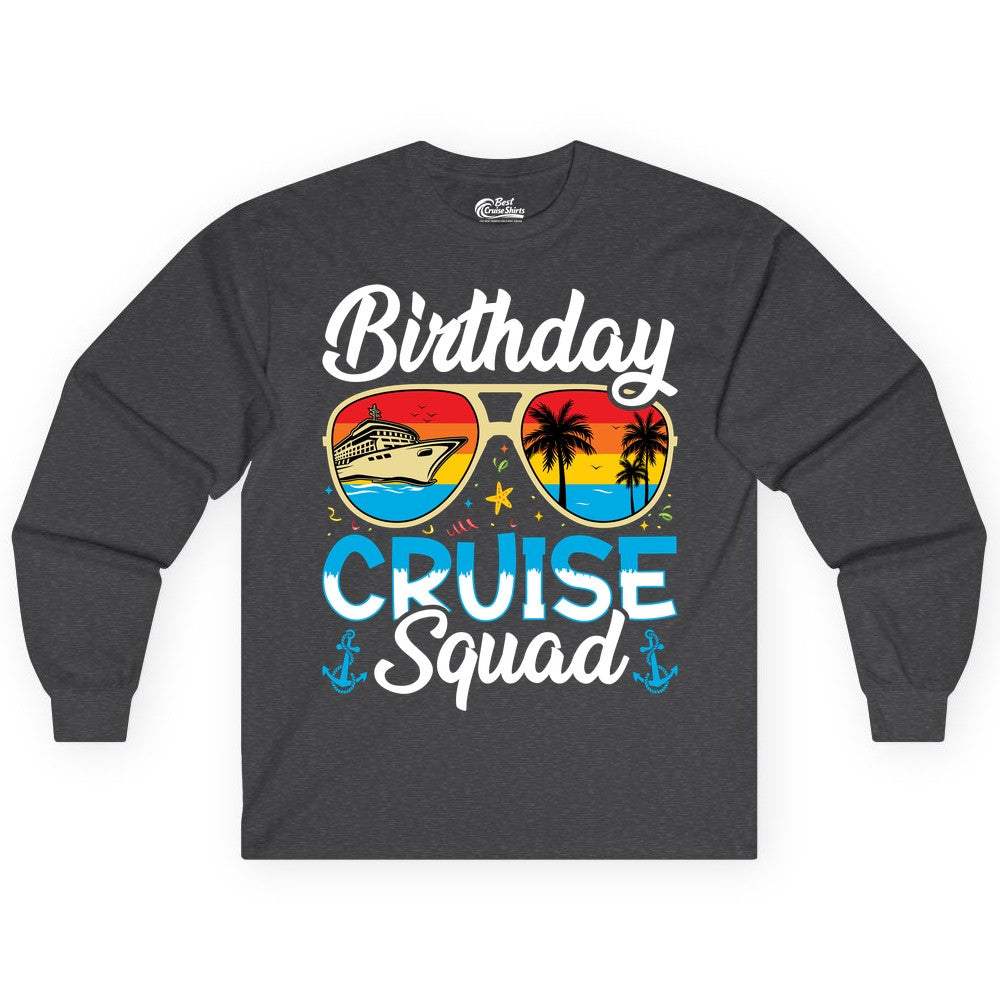 Birthday Cruise Shirt - Retro Cruise Squad Birthday Trip Apparel (Long Sleeve) in Dark Heather - Birthday Cruise Squad Retro Sunglasses Tropical Group Shirt