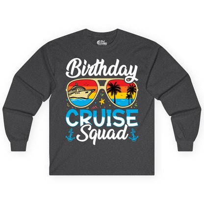 Birthday Cruise Shirt - Retro Cruise Squad Birthday Trip Apparel (Long Sleeve) in Dark Heather - Birthday Cruise Squad Retro Sunglasses Tropical Group Shirt
