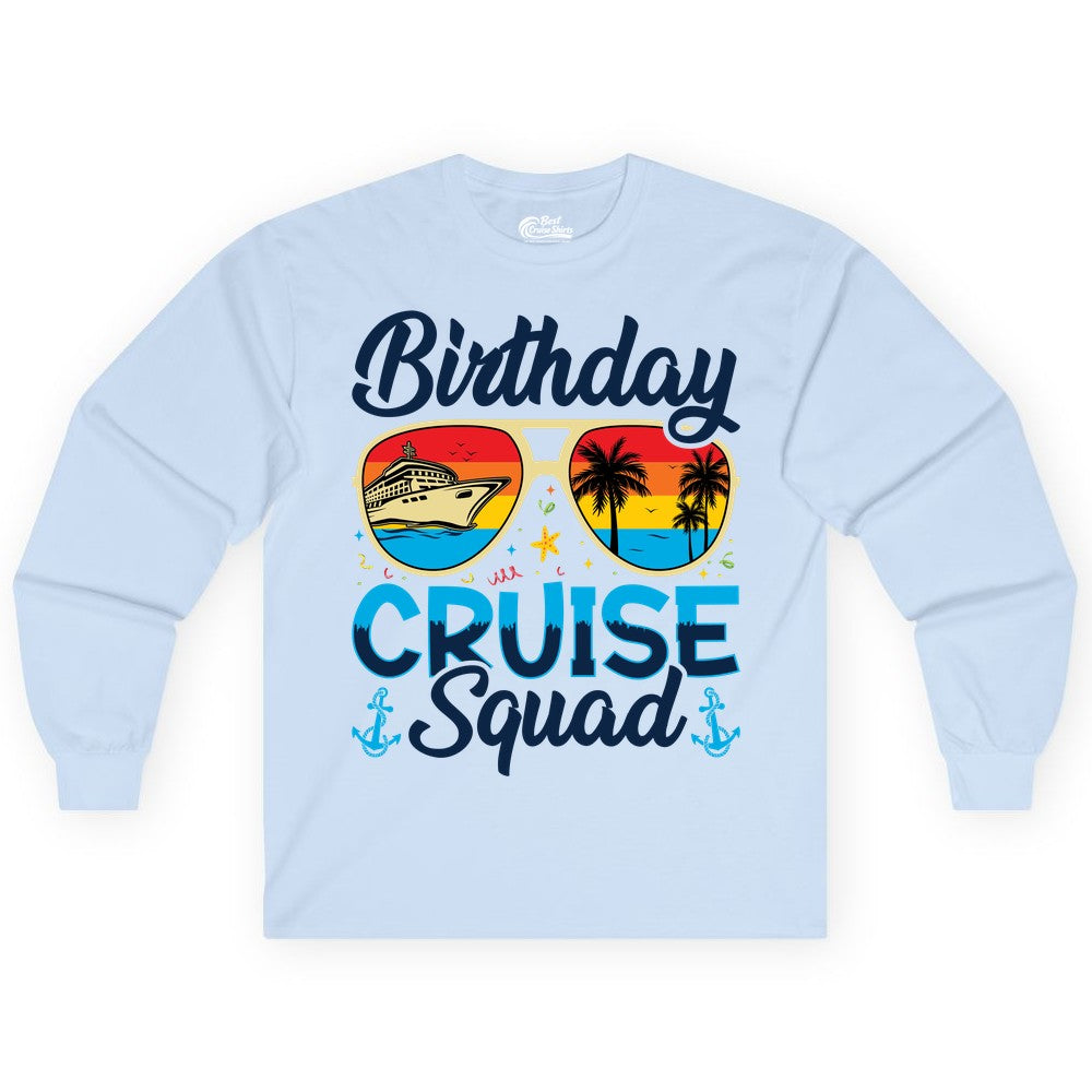 Birthday Cruise Shirt - Retro Cruise Squad Birthday Trip Apparel (Long Sleeve) in Light Blue - Birthday Cruise Squad Retro Sunglasses Tropical Group Shirt