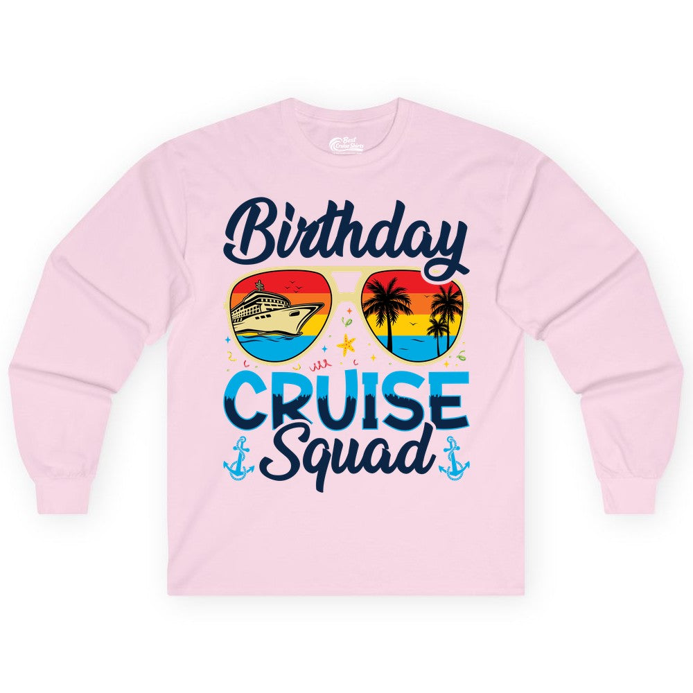 Birthday Cruise Shirt - Retro Cruise Squad Birthday Trip Apparel (Long Sleeve) in Light Pink - Birthday Cruise Squad Retro Sunglasses Tropical Group Shirt