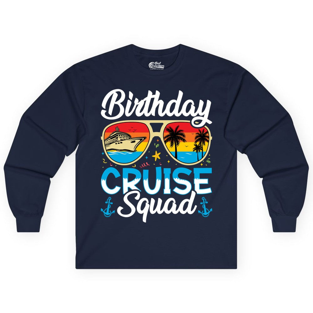 Birthday Cruise Shirt - Retro Cruise Squad Birthday Trip Apparel (Long Sleeve) in Navy - Birthday Cruise Squad Retro Sunglasses Tropical Group Shirt