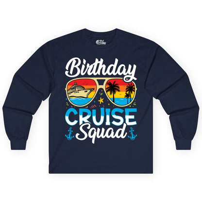 Birthday Cruise Shirt - Retro Cruise Squad Birthday Trip Apparel (Long Sleeve) in Navy - Birthday Cruise Squad Retro Sunglasses Tropical Group Shirt