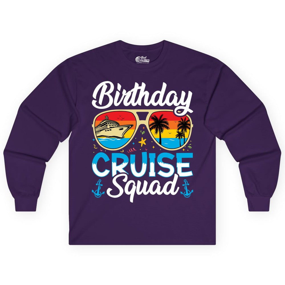 Birthday Cruise Shirt - Retro Cruise Squad Birthday Trip Apparel (Long Sleeve) in Purple - Birthday Cruise Squad Retro Sunglasses Tropical Group Shirt