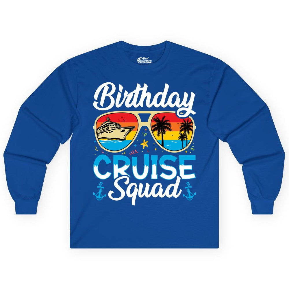 Birthday Cruise Shirt - Retro Cruise Squad Birthday Trip Apparel (Long Sleeve) in Royal - Birthday Cruise Squad Retro Sunglasses Tropical Group Shirt