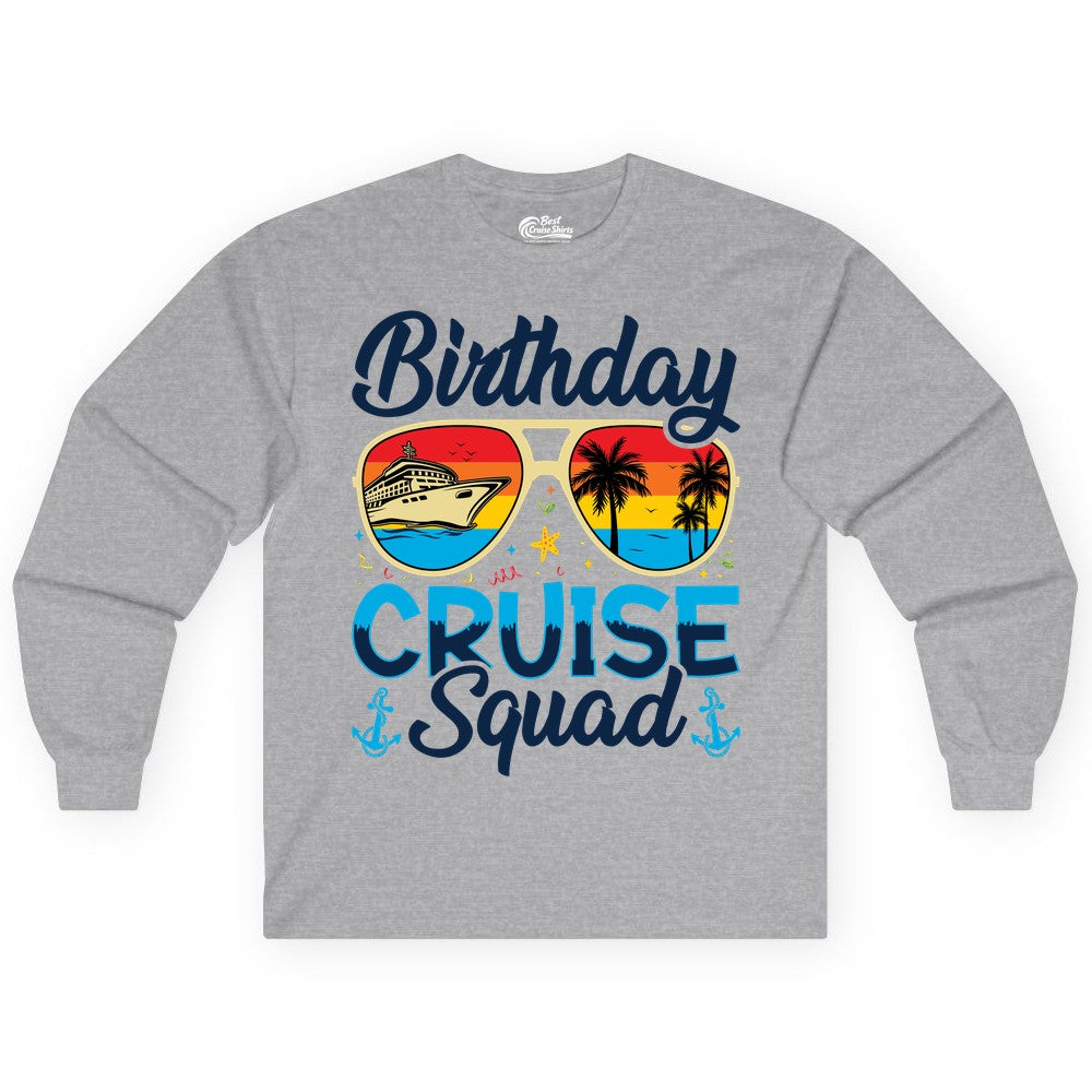 Birthday Cruise Shirt - Retro Cruise Squad Birthday Trip Apparel (Long Sleeve) in Sport Grey - Birthday Cruise Squad Retro Sunglasses Tropical Group Shirt