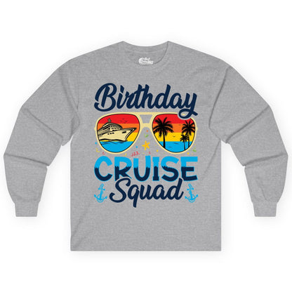 Birthday Cruise Shirt - Retro Cruise Squad Birthday Trip Apparel (Long Sleeve) in Sport Grey - Birthday Cruise Squad Retro Sunglasses Tropical Group Shirt