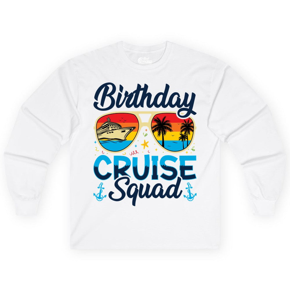 Birthday Cruise Shirt - Retro Cruise Squad Birthday Trip Apparel (Long Sleeve) in White - Birthday Cruise Squad Retro Sunglasses Tropical Group Shirt