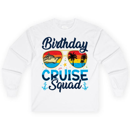 Birthday Cruise Shirt - Retro Cruise Squad Birthday Trip Apparel (Long Sleeve) in White - Birthday Cruise Squad Retro Sunglasses Tropical Group Shirt