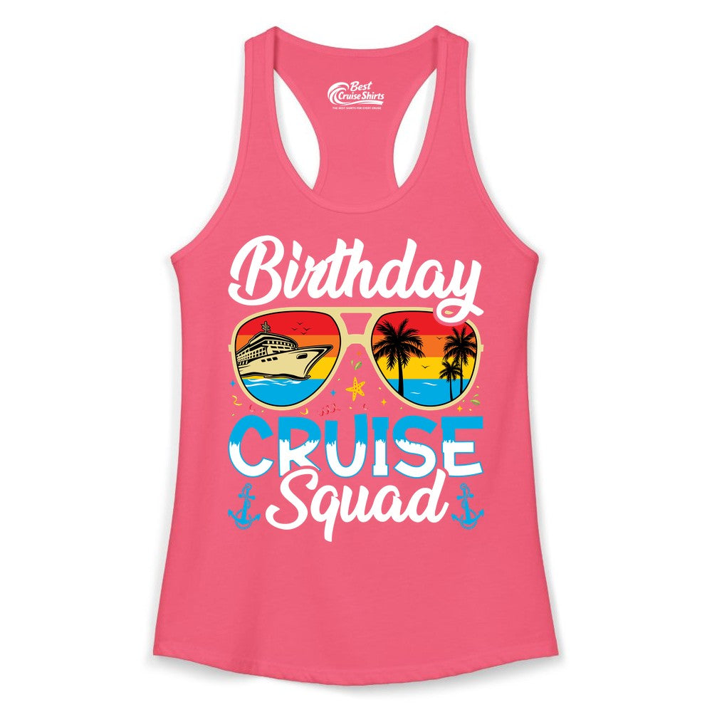 Birthday Cruise Shirt - Retro Cruise Squad Birthday Trip Apparel (Ladies Tank) in Hot Pink - Birthday Cruise Squad Retro Sunglasses Tropical Group Shirt