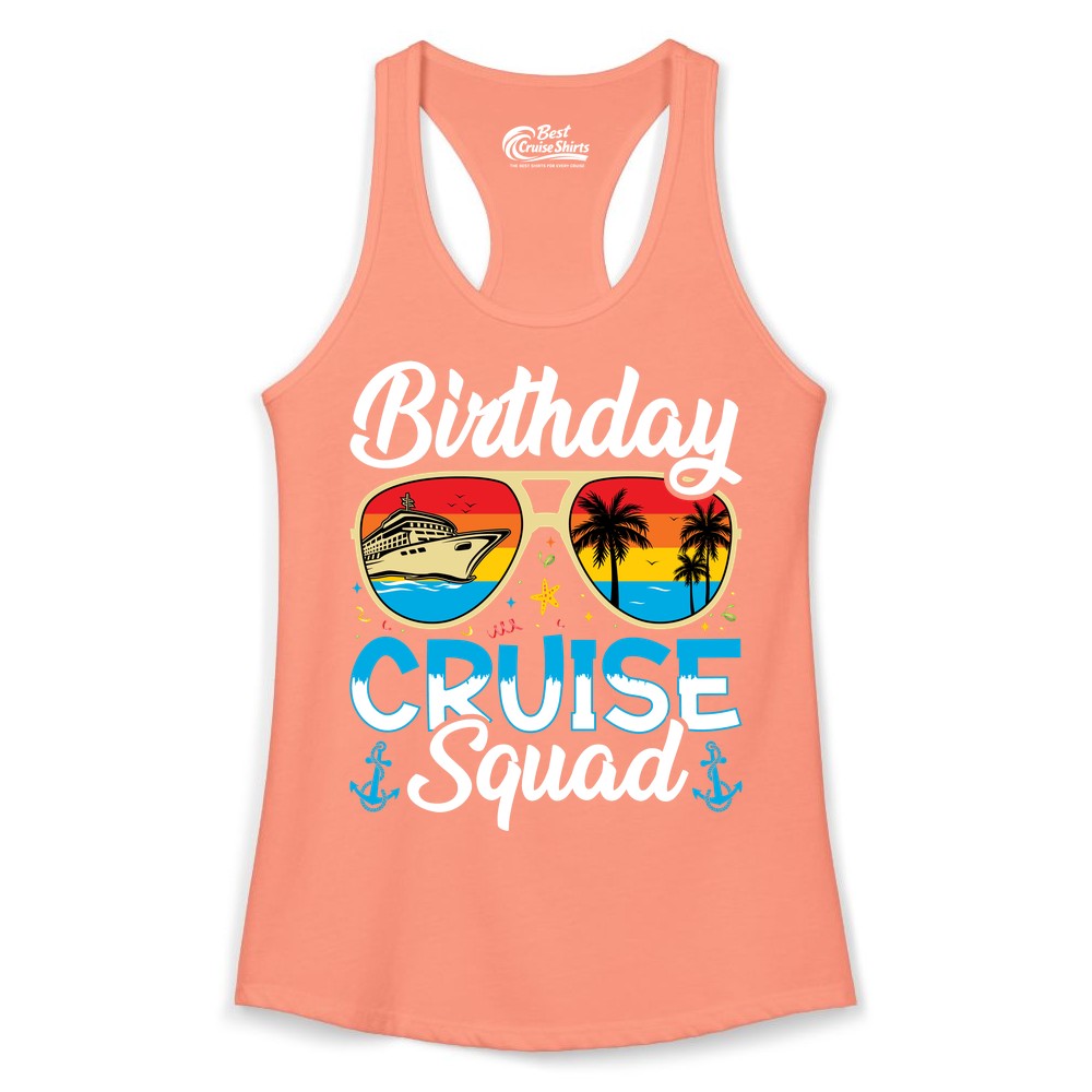 Birthday Cruise Shirt - Retro Cruise Squad Birthday Trip Apparel (Ladies Tank) in Solid Light Orange - Birthday Cruise Squad Retro Sunglasses Tropical Group Shirt