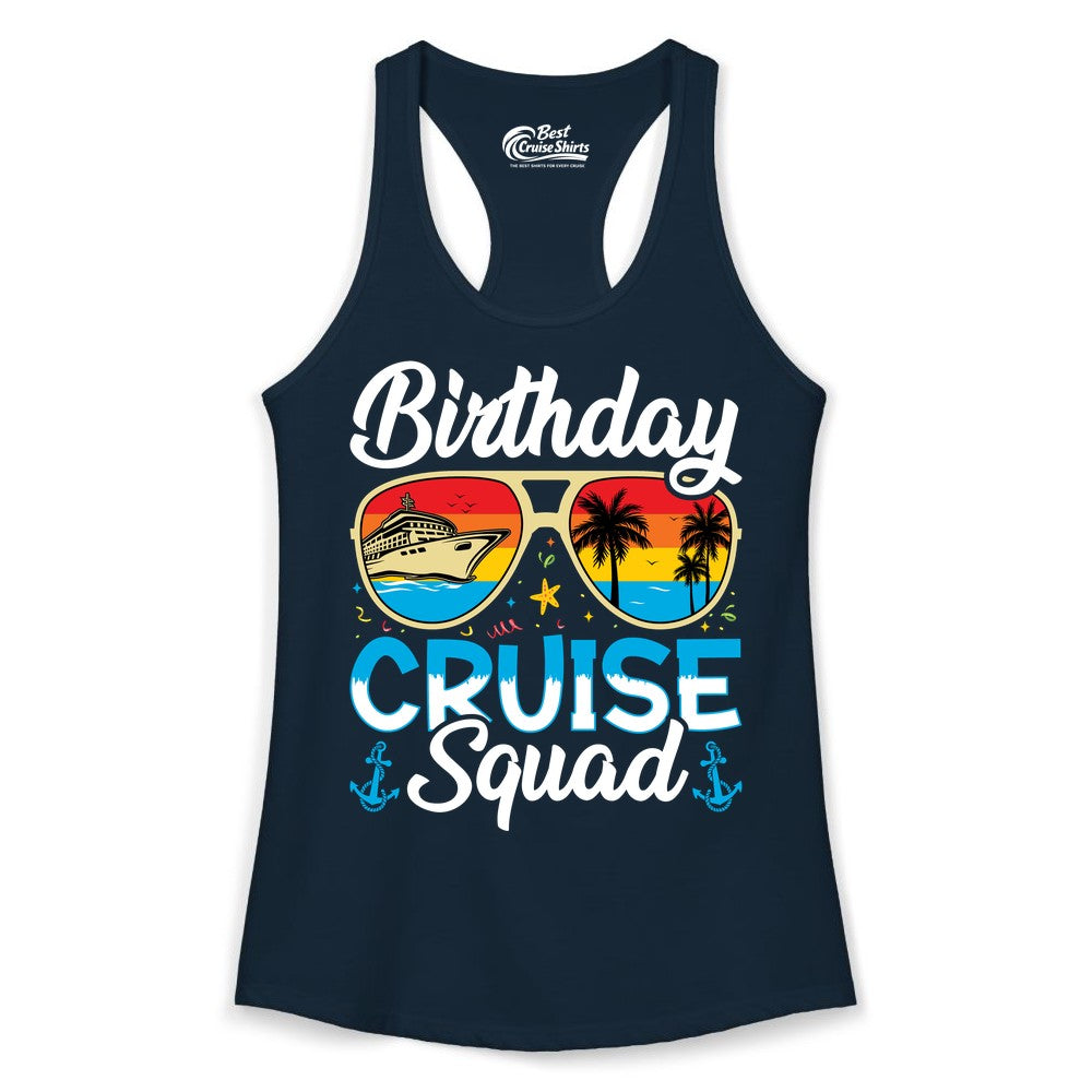 Birthday Cruise Shirt - Retro Cruise Squad Birthday Trip Apparel (Ladies Tank) in Solid Midnight Navy - Birthday Cruise Squad Retro Sunglasses Tropical Group Shirt