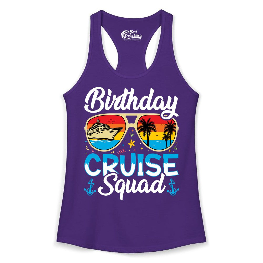 Birthday Cruise Shirt - Retro Cruise Squad Birthday Trip Apparel (Ladies Tank) in Solid Purple Rush - Birthday Cruise Squad Retro Sunglasses Tropical Group Shirt