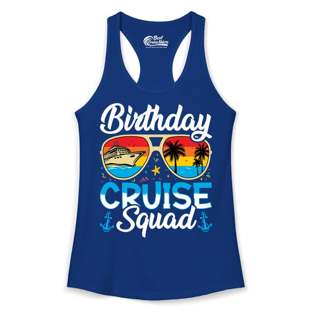 Birthday Cruise Shirt - Retro Cruise Squad Birthday Trip Apparel (Ladies Tank) in Solid Royal - Birthday Cruise Squad Retro Sunglasses Tropical Group Shirt