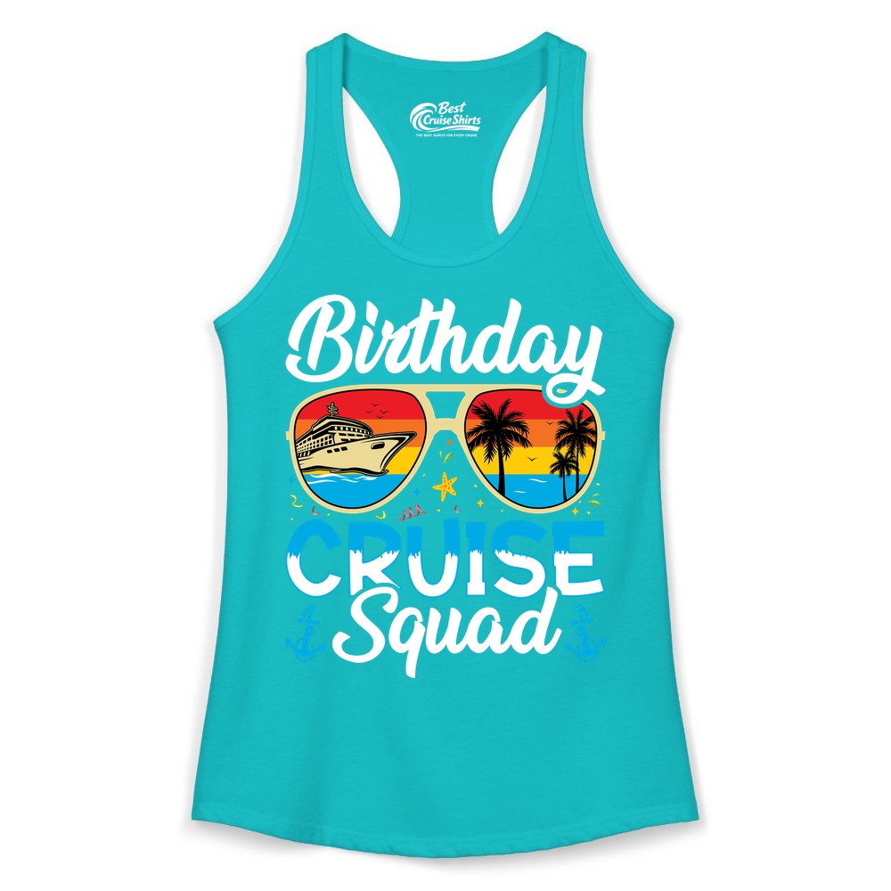Birthday Cruise Shirt - Retro Cruise Squad Birthday Trip Apparel (Ladies Tank) in Tahiti Blue - Birthday Cruise Squad Retro Sunglasses Tropical Group Shirt