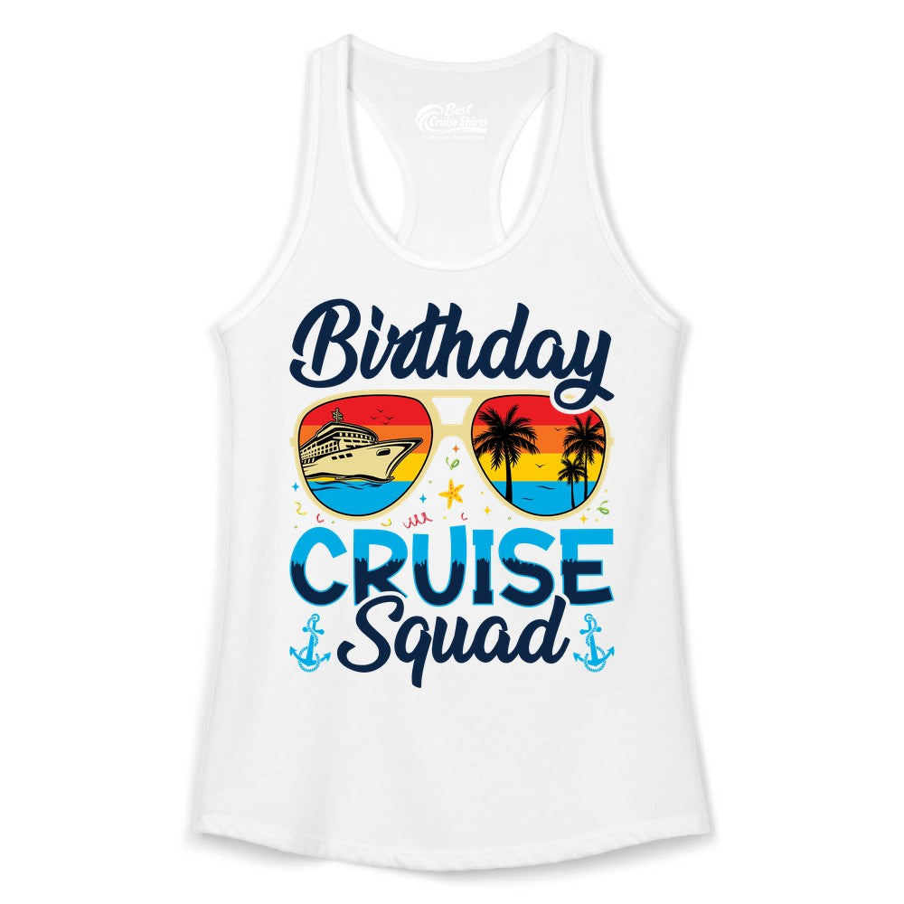 Birthday Cruise Shirt - Retro Cruise Squad Birthday Trip Apparel (Ladies Tank) in White - Birthday Cruise Squad Retro Sunglasses Tropical Group Shirt