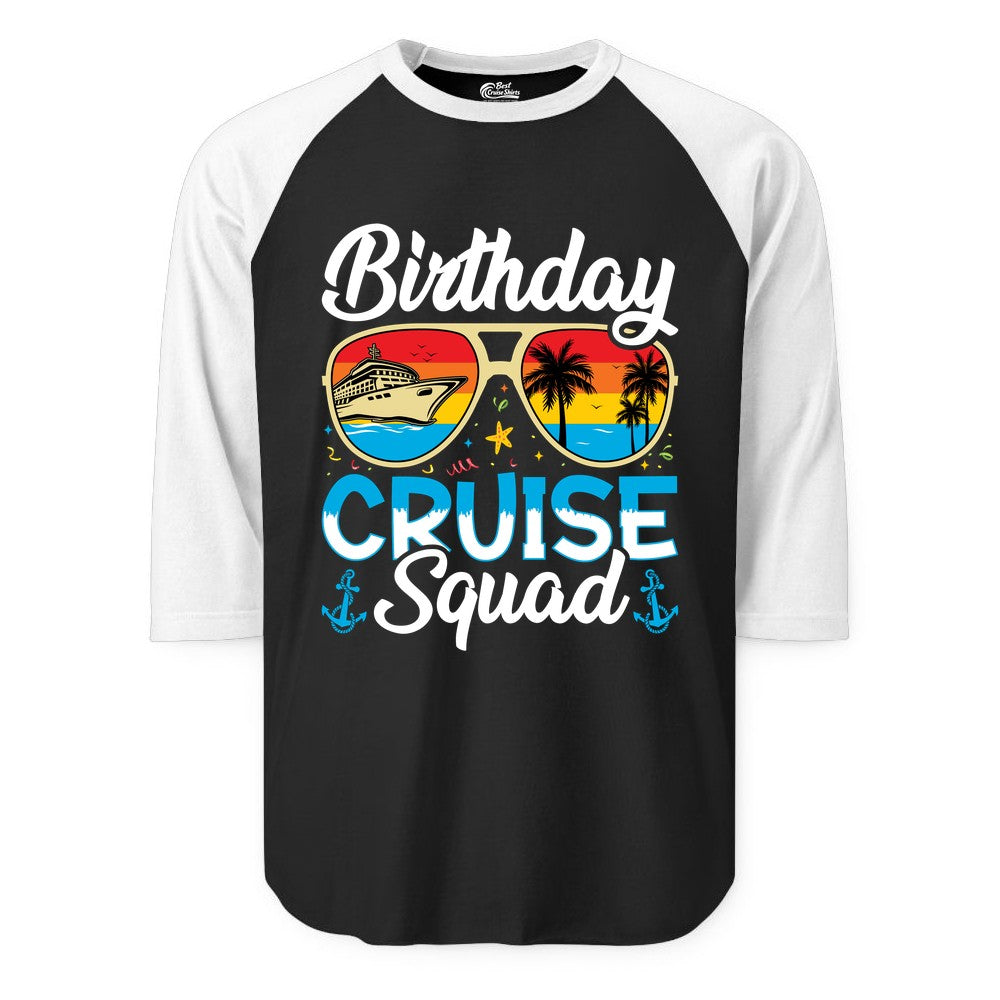 Birthday Cruise Shirt - Retro Cruise Squad Birthday Trip Apparel (Raglan) in BlackWhite - Birthday Cruise Squad Retro Sunglasses Tropical Group Shirt