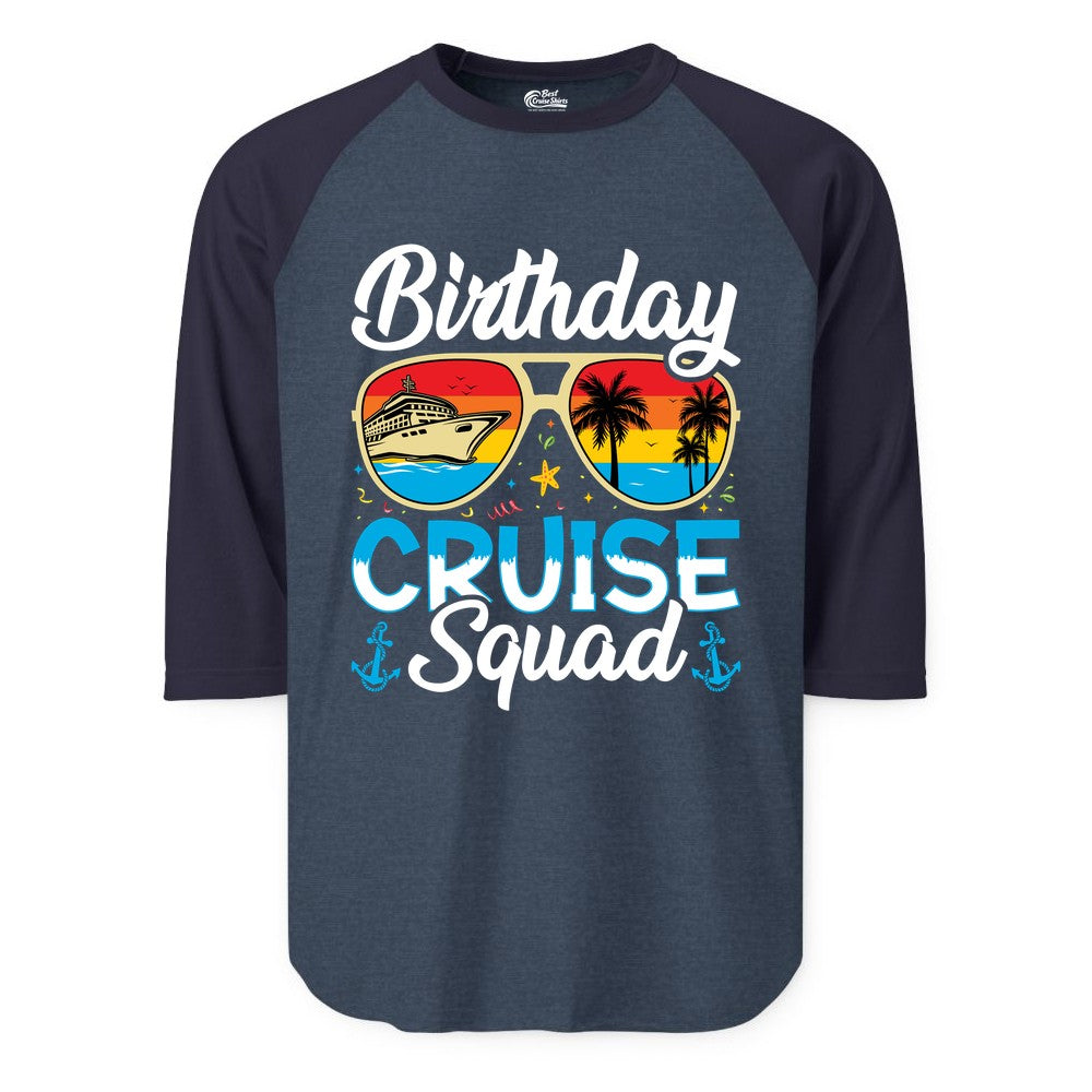 Birthday Cruise Shirt - Retro Cruise Squad Birthday Trip Apparel (Raglan) in Heather DenimNavy - Birthday Cruise Squad Retro Sunglasses Tropical Group Shirt