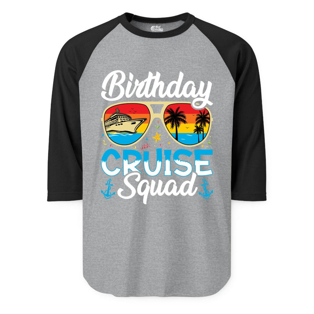 Birthday Cruise Shirt - Retro Cruise Squad Birthday Trip Apparel (Raglan) in Heather GreyBlack - Birthday Cruise Squad Retro Sunglasses Tropical Group Shirt