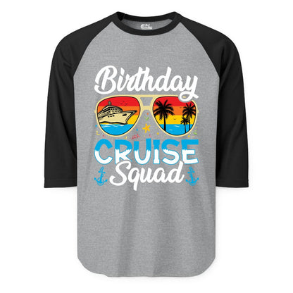 Birthday Cruise Shirt - Retro Cruise Squad Birthday Trip Apparel (Raglan) in Heather GreyBlack - Birthday Cruise Squad Retro Sunglasses Tropical Group Shirt