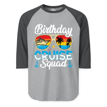 Birthday Cruise Shirt - Retro Cruise Squad Birthday Trip Apparel (Raglan) in Heather GreyHeather Charcoal - Birthday Cruise Squad Retro Sunglasses Tropical Group Shirt