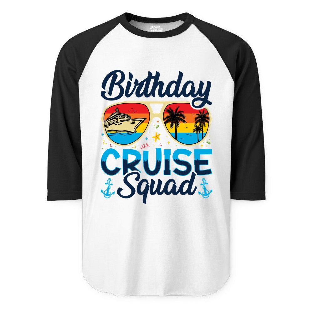 Birthday Cruise Shirt - Retro Cruise Squad Birthday Trip Apparel (Raglan) in WhiteBlack - Birthday Cruise Squad Retro Sunglasses Tropical Group Shirt