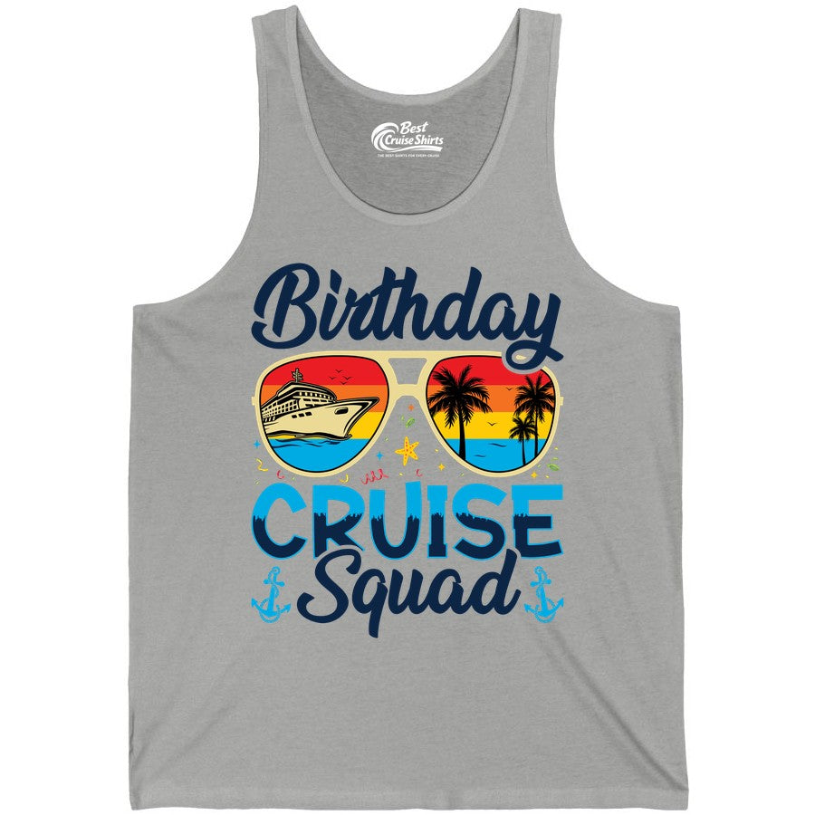 Birthday Cruise Shirt - Retro Cruise Squad Birthday Trip Apparel (Tank Top) in Athletic Heather - Birthday Cruise Squad Retro Sunglasses Tropical Group Shirt