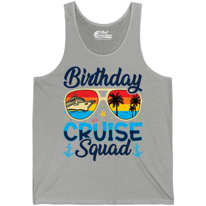Birthday Cruise Shirt - Retro Cruise Squad Birthday Trip Apparel (Tank Top) in Athletic Heather - Birthday Cruise Squad Retro Sunglasses Tropical Group Shirt