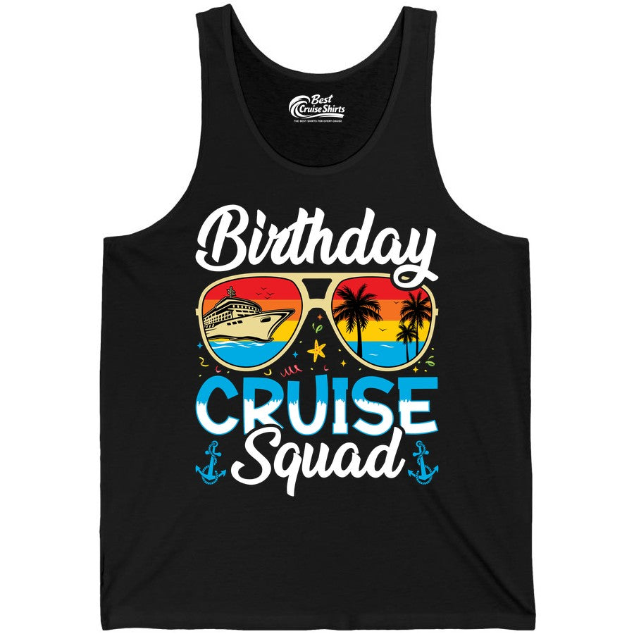 Birthday Cruise Shirt - Retro Cruise Squad Birthday Trip Apparel (Tank Top) in Black - Birthday Cruise Squad Retro Sunglasses Tropical Group Shirt