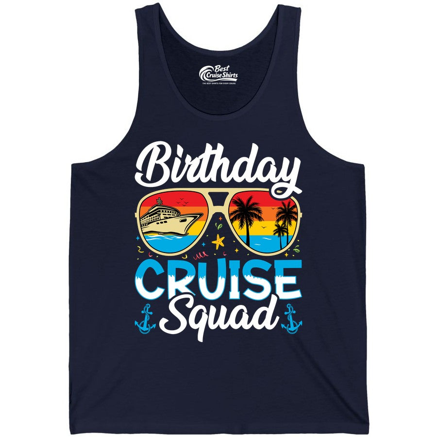 Birthday Cruise Shirt - Retro Cruise Squad Birthday Trip Apparel (Tank Top) in Navy - Birthday Cruise Squad Retro Sunglasses Tropical Group Shirt