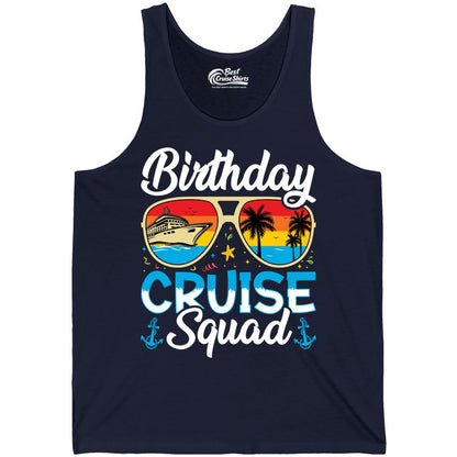 Birthday Cruise Shirt - Retro Cruise Squad Birthday Trip Apparel (Tank Top) in Navy - Birthday Cruise Squad Retro Sunglasses Tropical Group Shirt