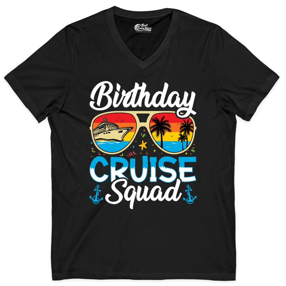 Birthday Cruise Shirt - Retro Cruise Squad Birthday Trip Apparel (V-Neck) in Black - Birthday Cruise Squad Retro Sunglasses Tropical Group Shirt