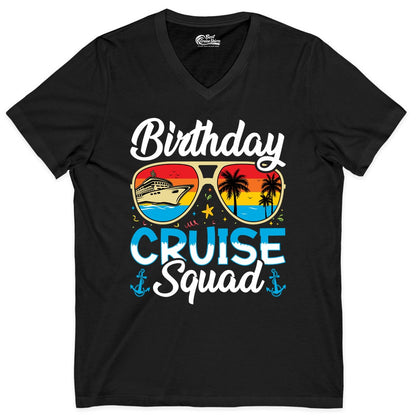 Birthday Cruise Shirt - Retro Cruise Squad Birthday Trip Apparel (V-Neck) in Black - Birthday Cruise Squad Retro Sunglasses Tropical Group Shirt
