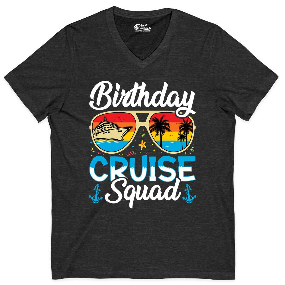 Birthday Cruise Shirt - Retro Cruise Squad Birthday Trip Apparel (V-Neck) in Dark Grey Heather - Birthday Cruise Squad Retro Sunglasses Tropical Group Shirt