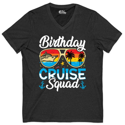 Birthday Cruise Shirt - Retro Cruise Squad Birthday Trip Apparel (V-Neck) in Dark Grey Heather - Birthday Cruise Squad Retro Sunglasses Tropical Group Shirt