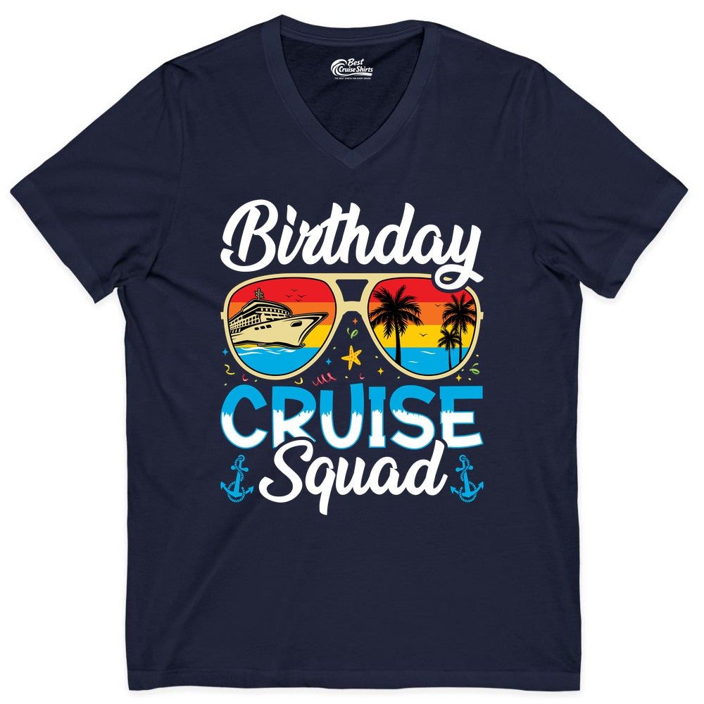 Birthday Cruise Shirt - Retro Cruise Squad Birthday Trip Apparel (V-Neck) in Navy - Birthday Cruise Squad Retro Sunglasses Tropical Group Shirt